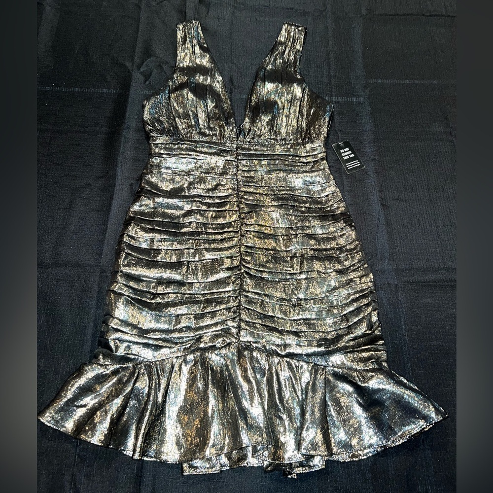 Metallic Silk V-Neck Ruched Ruffle Mini Dress - Picture 6 of 14